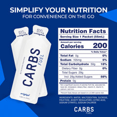 Carbs Fuel comparativa de dosis mostrando 50g por sobre y mayor densidad energética
