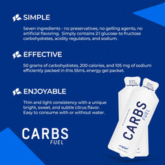 Carbs Fuel detalle de etiqueta con ingredientes cortos y beneficios para deportistas