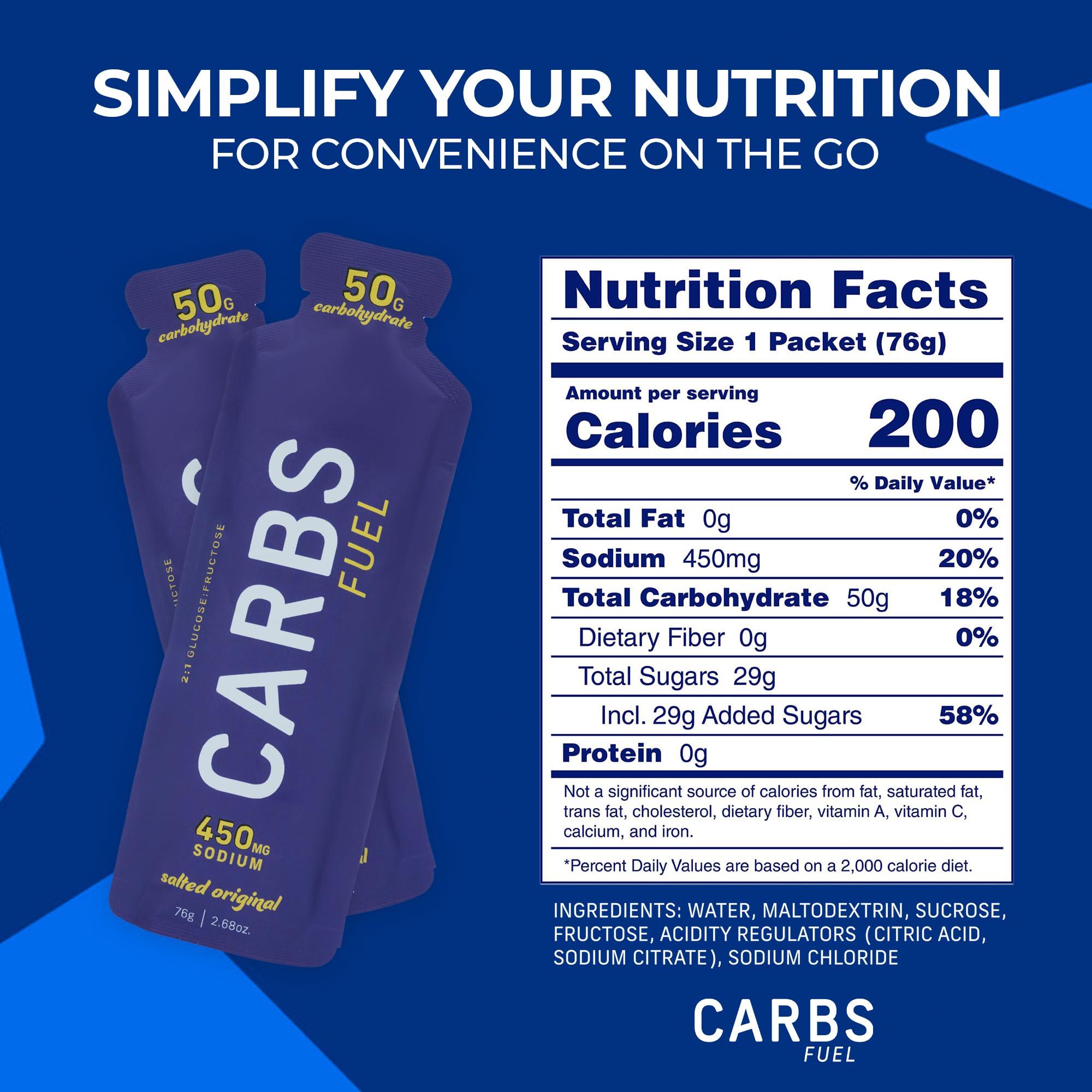 Carbs Fuel etiqueta nutricional con carbohidratos y sodio visibles