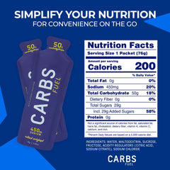 Carbs Fuel etiqueta nutricional con carbohidratos y sodio visibles