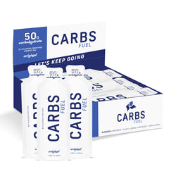 Carbs Fuel frente del empaque mostrando caja de 18 sobres y ventaja de carbohidratos
