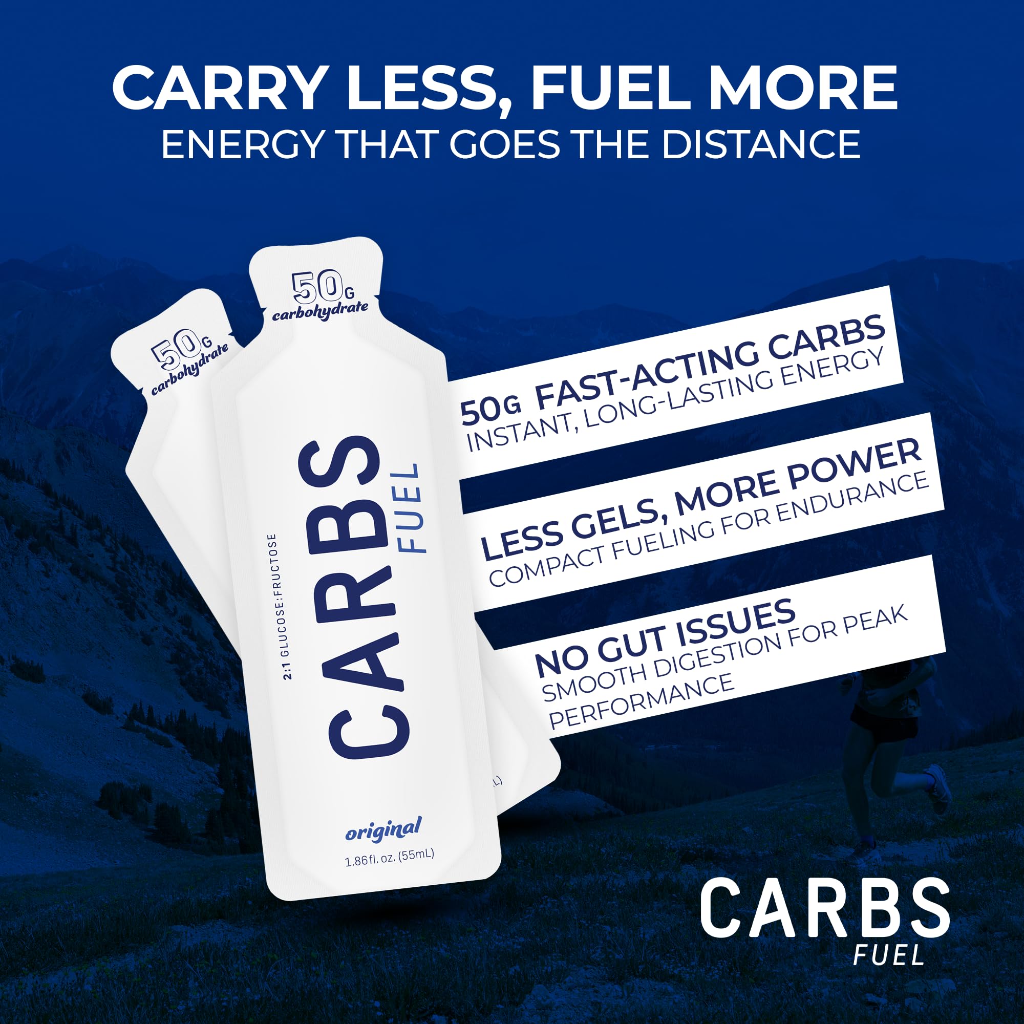 Carbs Fuel sobre abierto mostrando textura líquida fácil de ingerir y rápida absorción