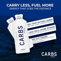Carbs Fuel sobre abierto mostrando textura líquida fácil de ingerir y rápida absorción