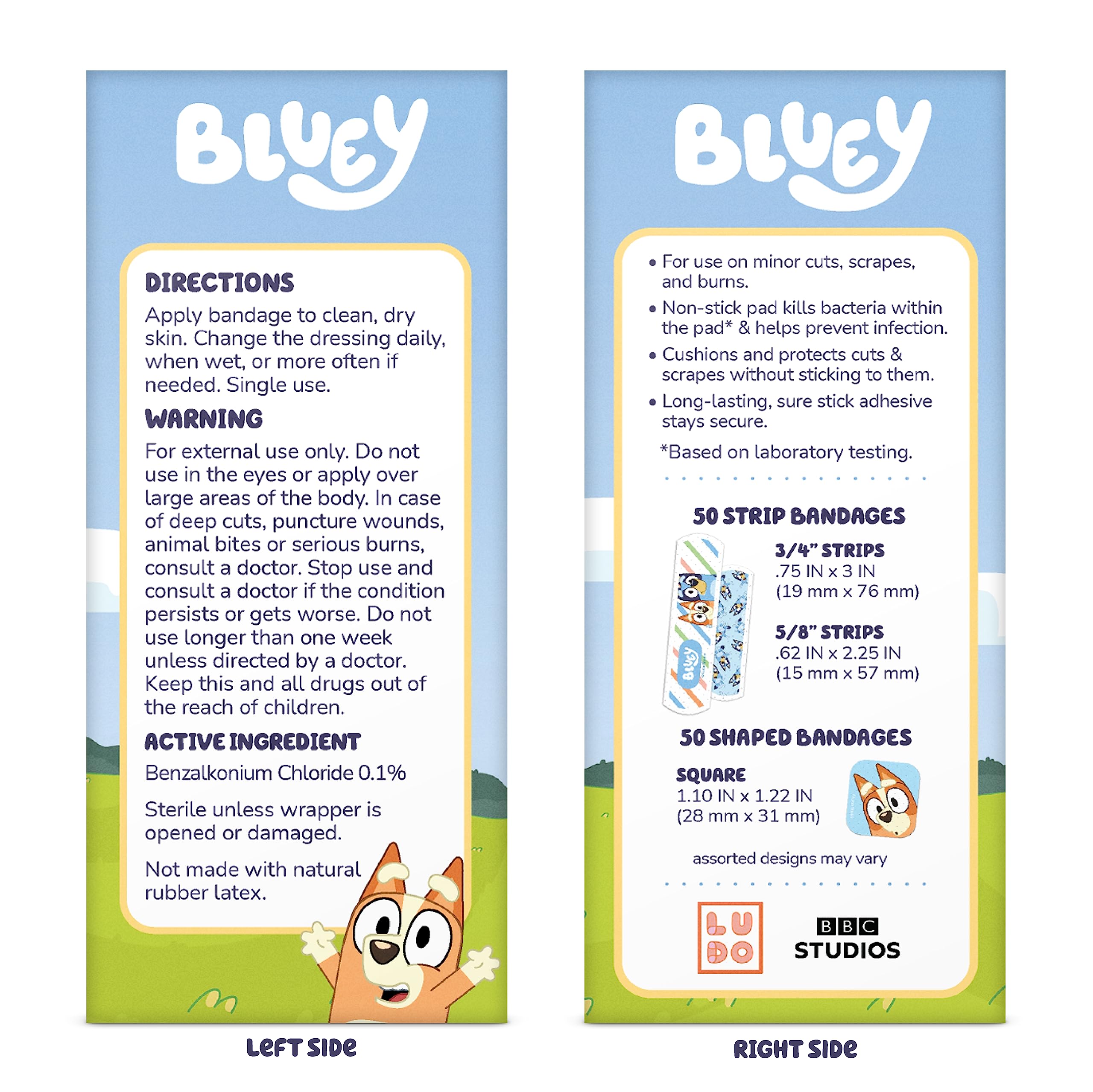 CARE BAND Bluey comparación en manos muestra escala y cobertura efectiva
