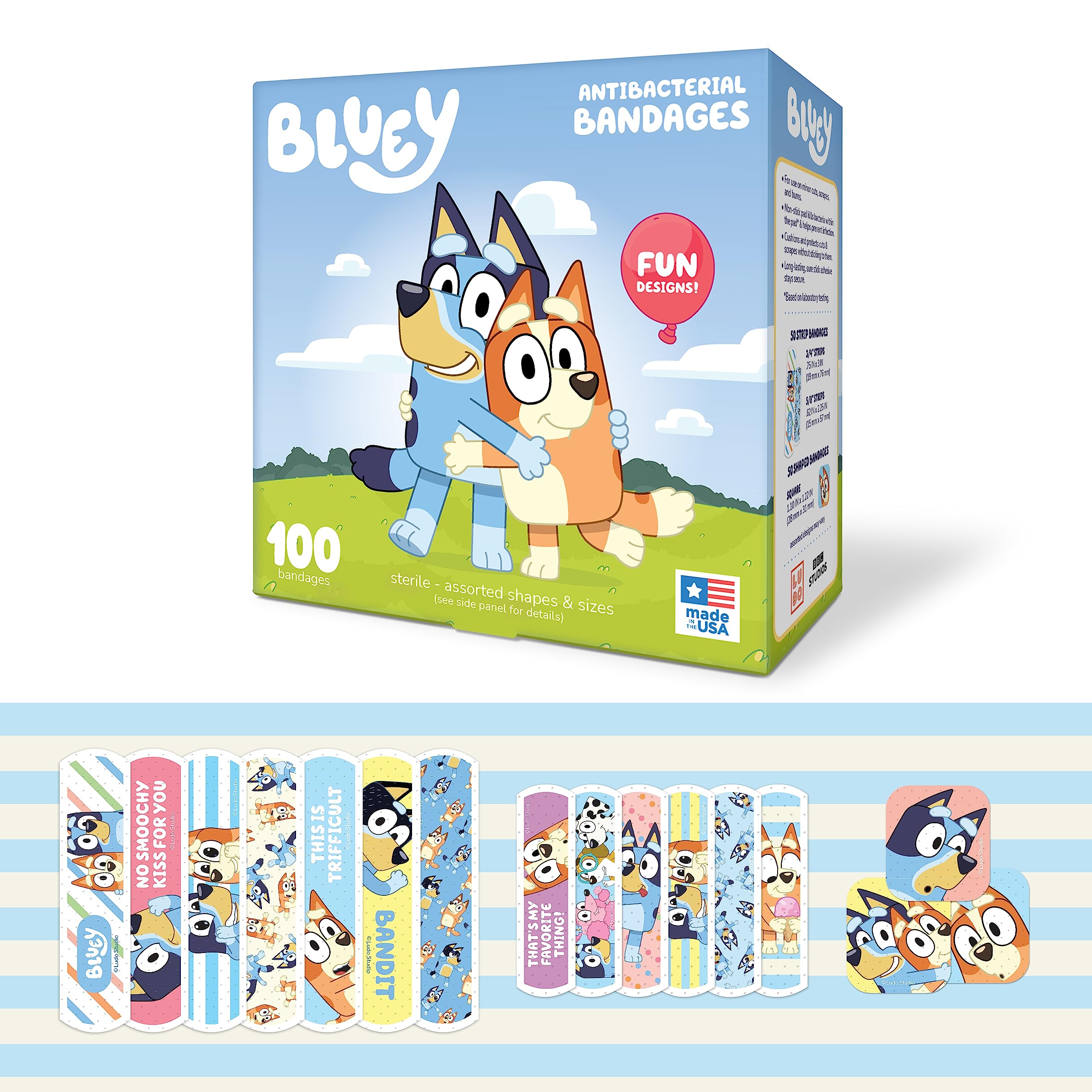 CARE BAND Bluey frente del paquete mostrando 100 curitas y beneficio práctico