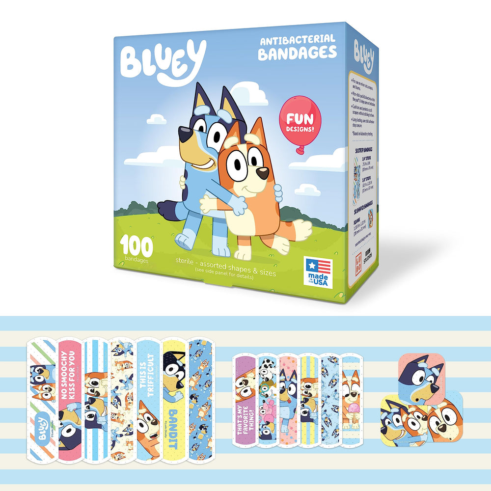 CARE BAND Bluey frente del paquete mostrando 100 curitas y beneficio práctico