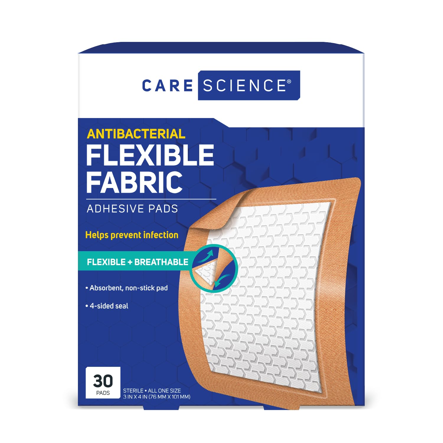 Care Science frente del empaque mostrando 30 vendajes, identificación clara y cantidad