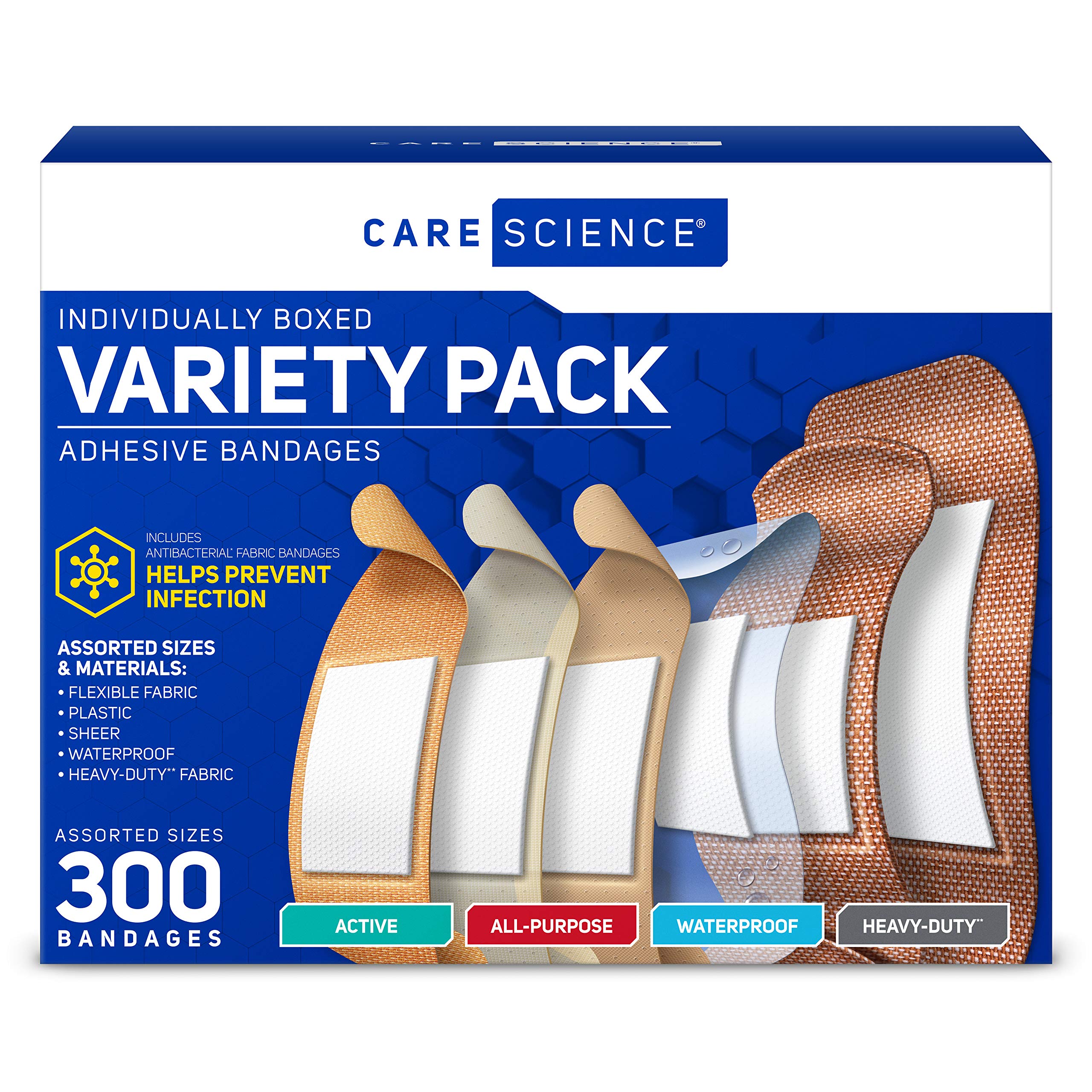 Care Science frente del paquete con 300 curitas, ideal para botiquines