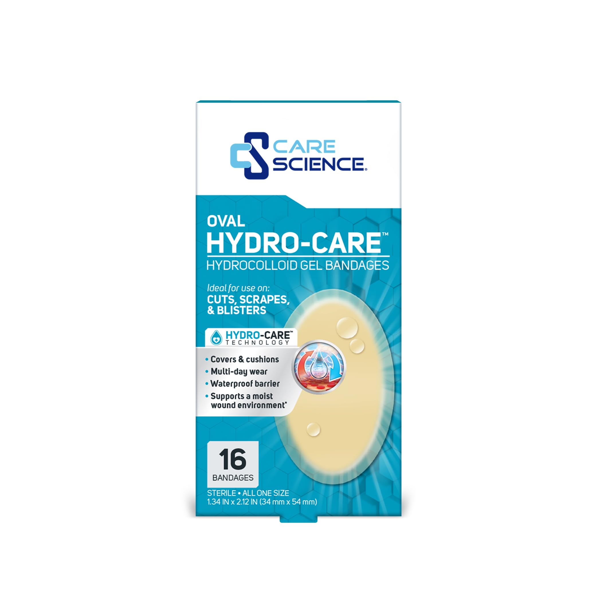 Care Science empaque frontal mostrando 16 parches y medidas claras
