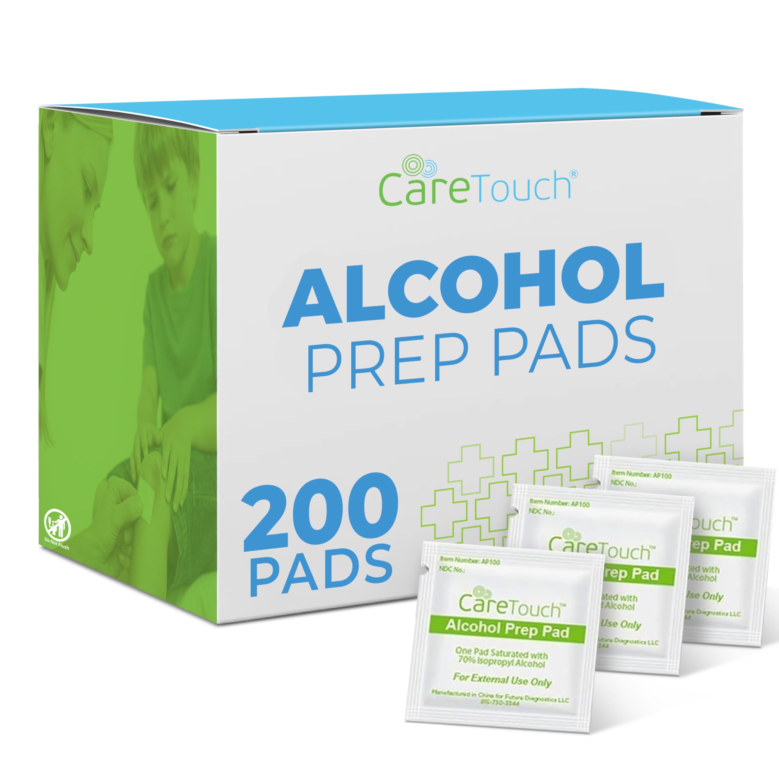 Care Touch paquete frontal mostrando 200 toallitas, facilidad de almacenamiento