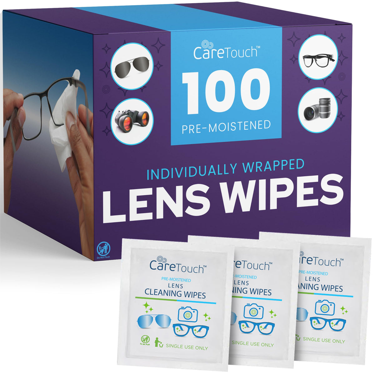 Care Touch paquete frontal mostrando 100 toallitas, práctico y económico