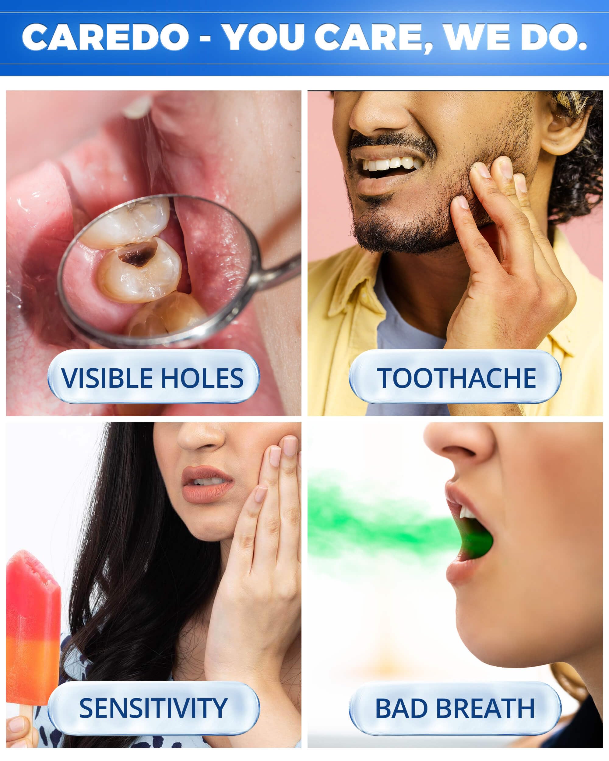 CAREDO persona cepillando dientes, mejora de higiene diaria