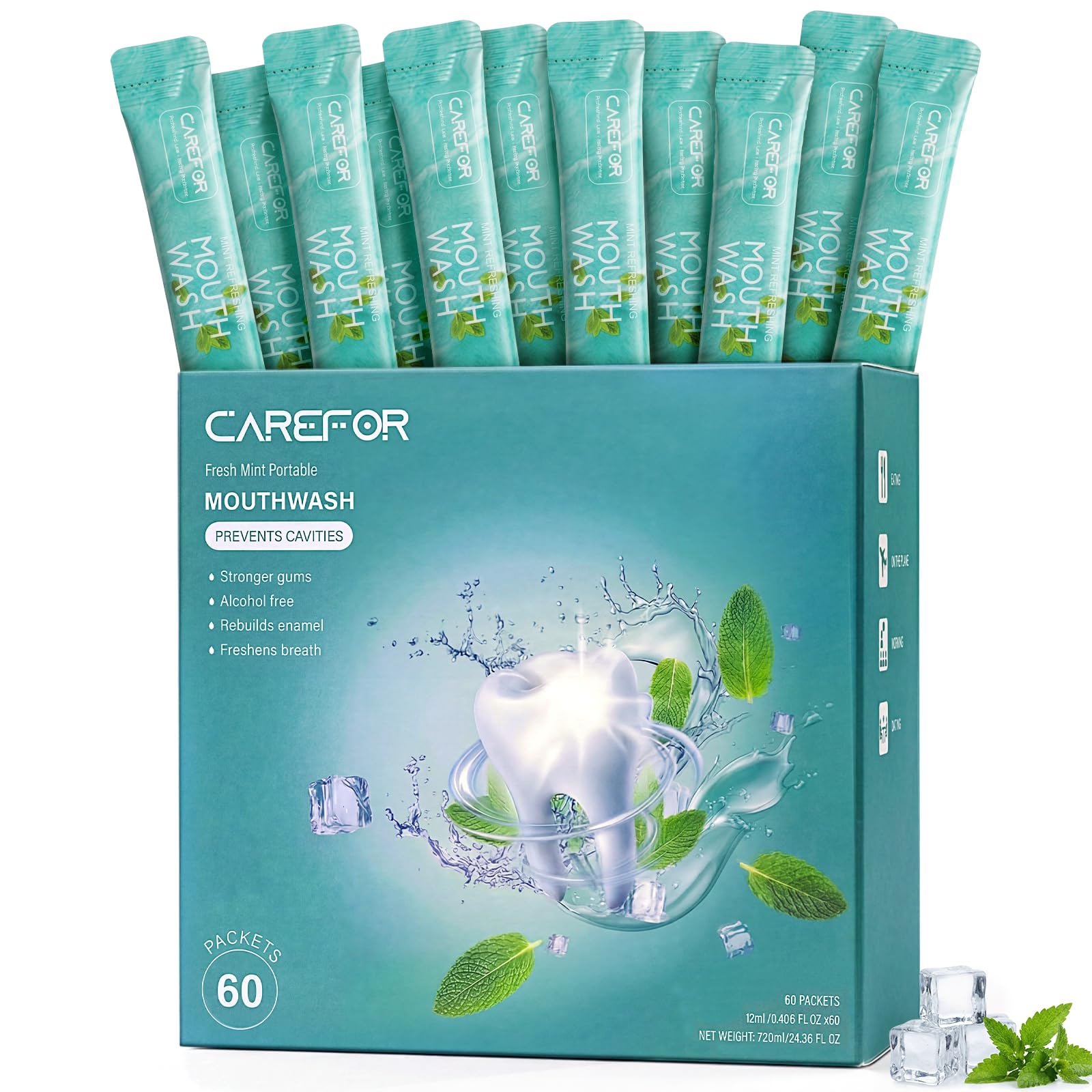 CAREFOR empaque frontal mostrando 60 sobres y conveniencia de viaje