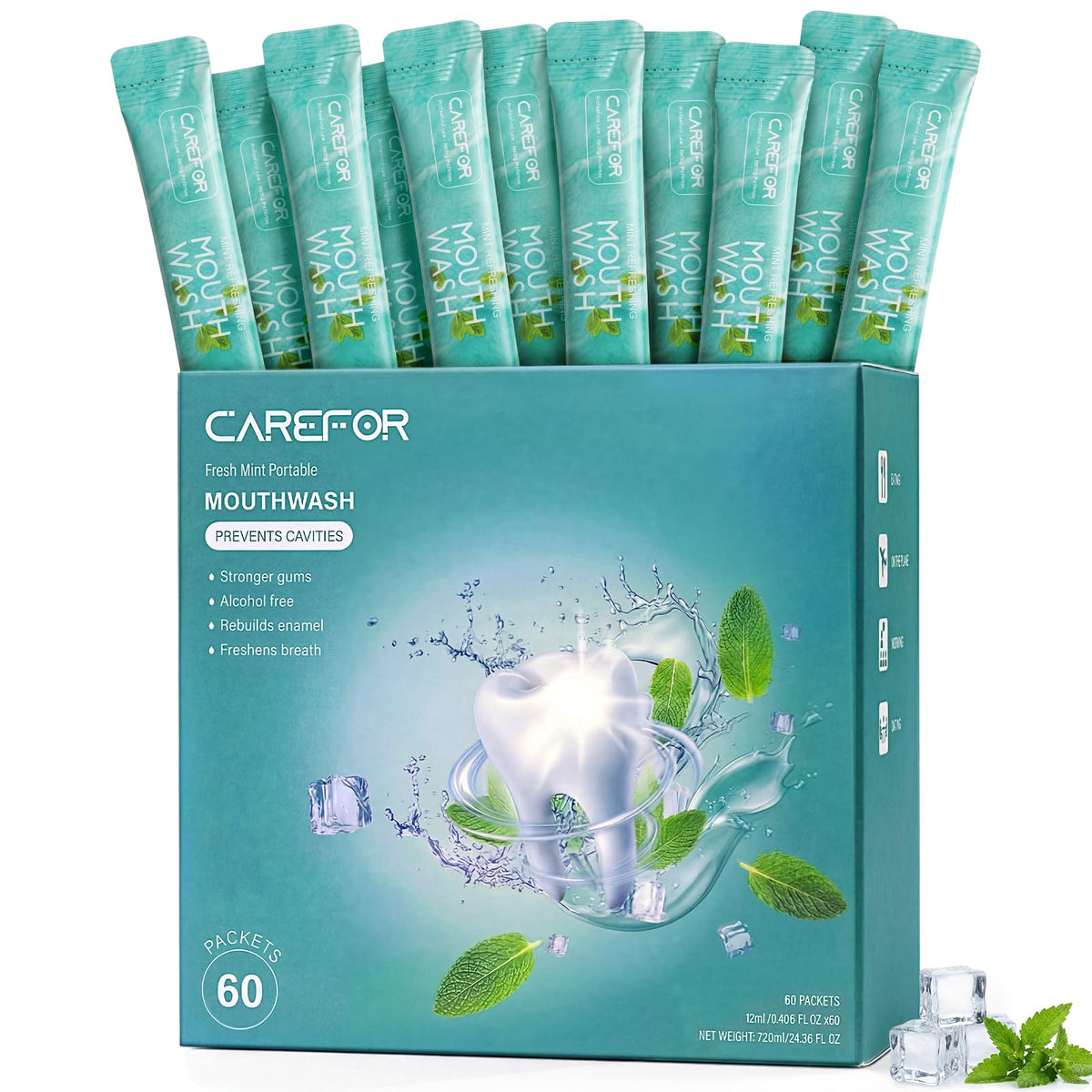 CAREFOR empaque frontal mostrando 60 sobres y conveniencia de viaje