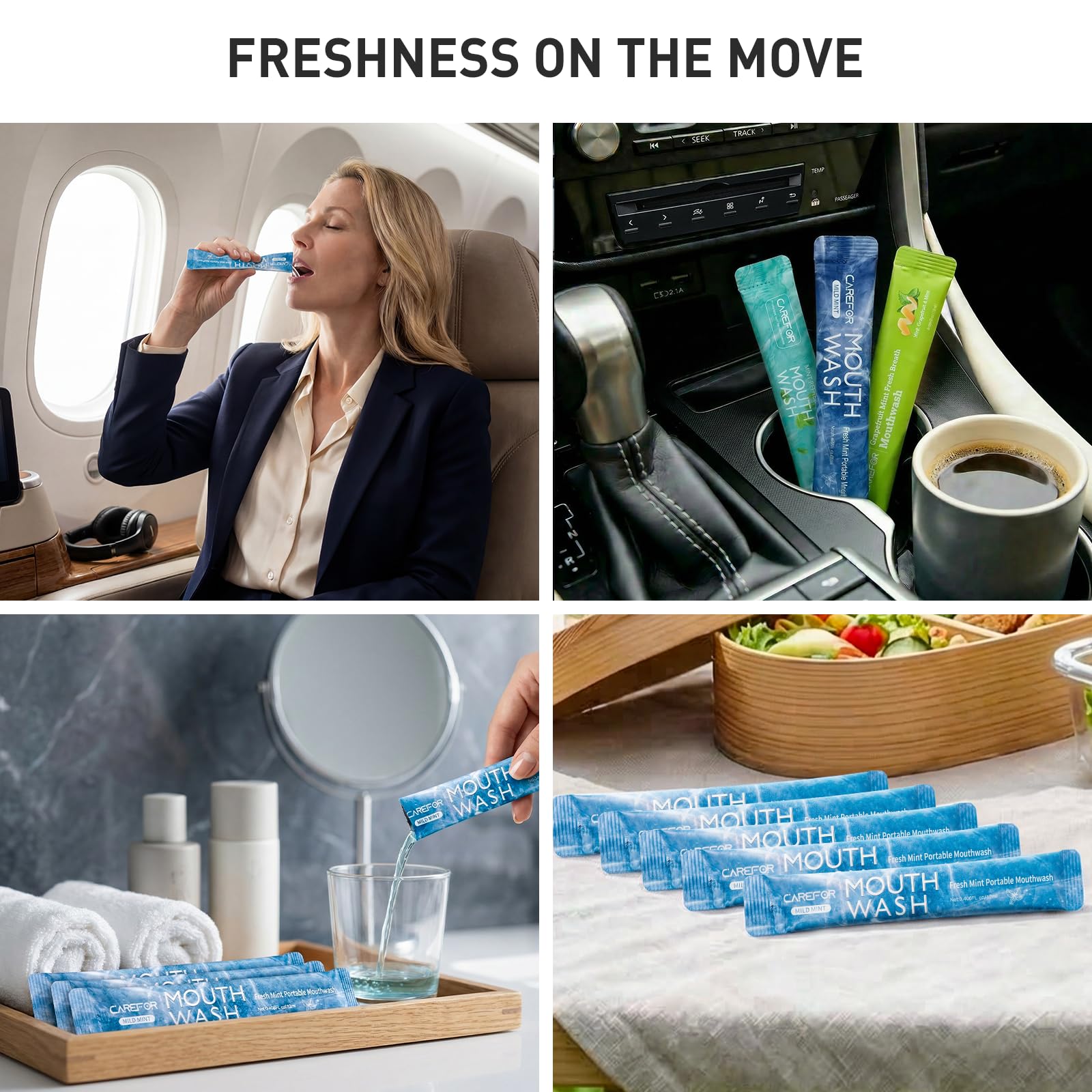 CAREFOR persona usando el sobre en un avión para frescura antes de una reunión