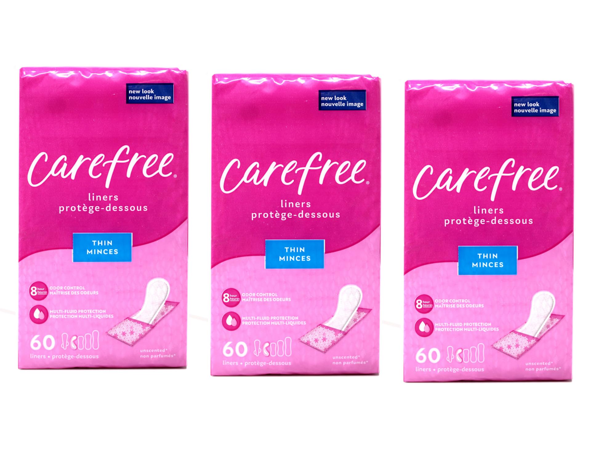 Carefree frontal del paquete mostrando cantidad y sin perfume, comodidad inmediata