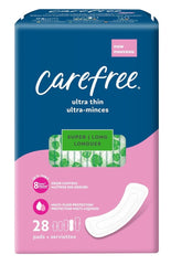 Carefree empaque frontal Super/Long mostrando cantidad y tamaño, conveniencia diaria