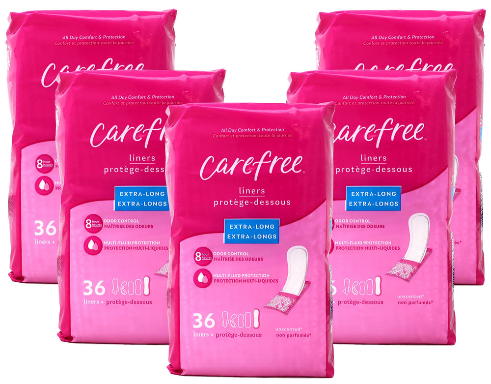 Carefree empaque frontal mostrando protector extra long y beneficio cobertura extendida
