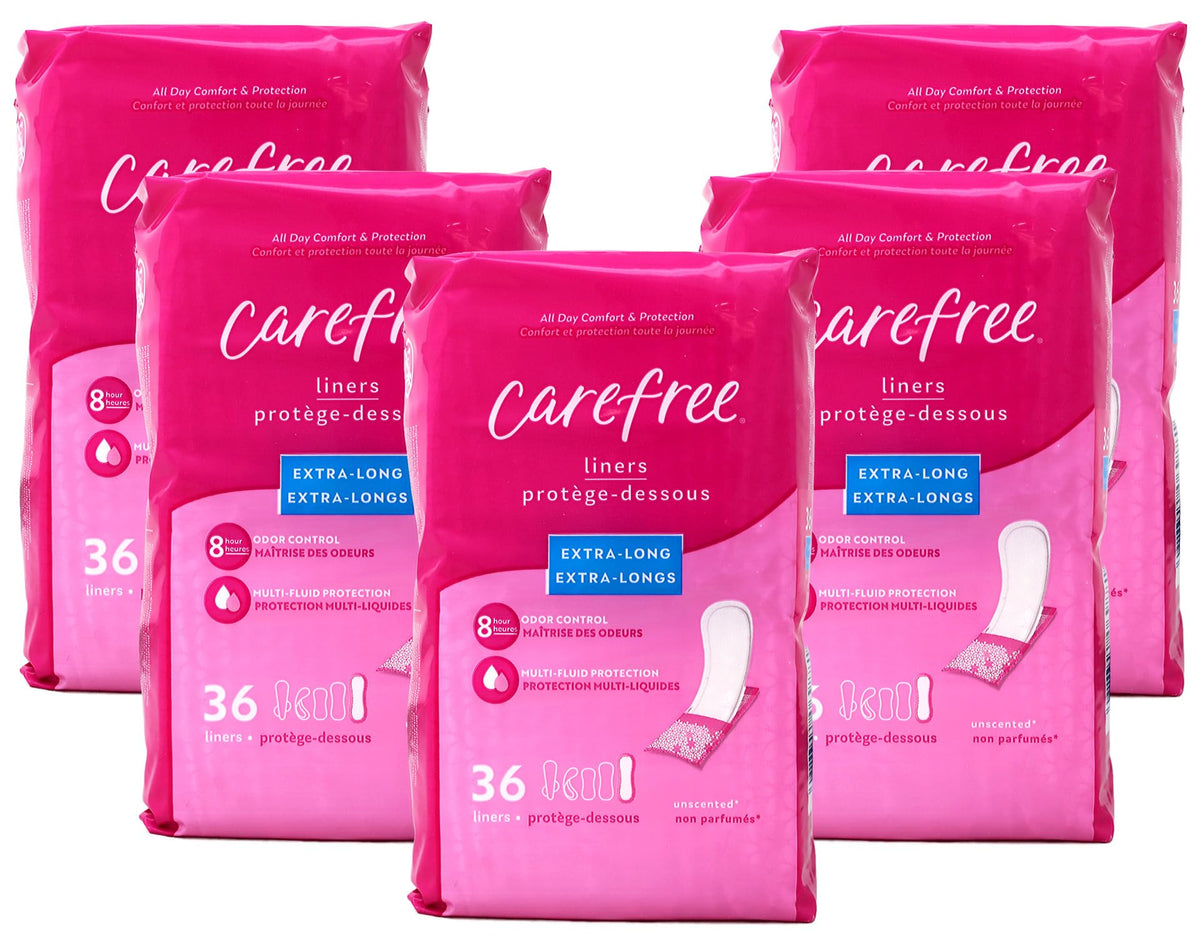 Carefree empaque frontal mostrando protector extra long y beneficio cobertura extendida