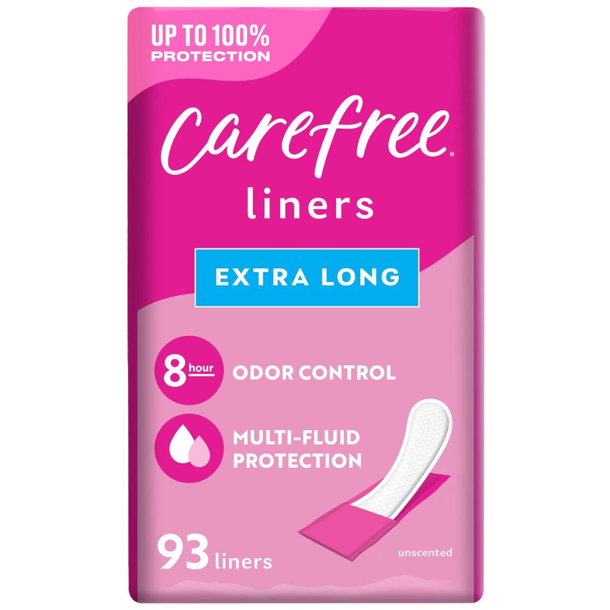 Carefree empaque frontal extra long mostrando caja y cantidad beneficio discreción