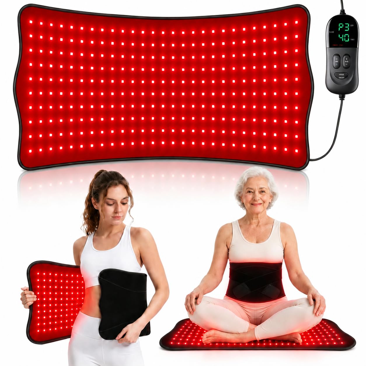 CAREMORR esterilla frontal mostrando cobertura amplia y 320 LEDs