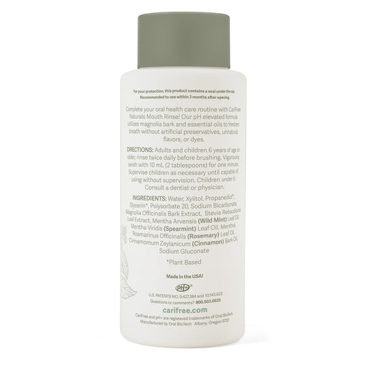 CariFree primer plano de la etiqueta mostrando ingredientes naturales y beneficios