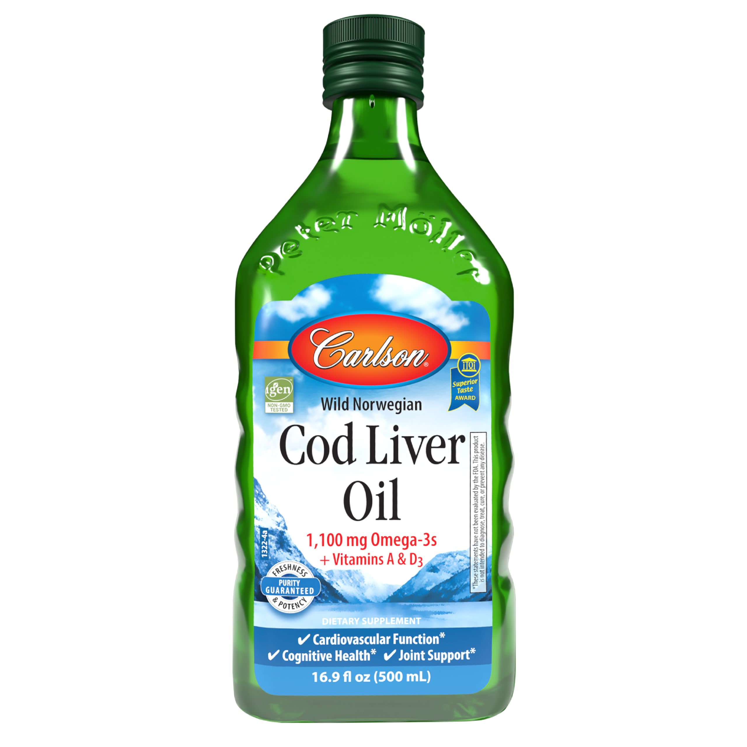 Carlson botella frontal mostrando etiqueta y tamaño 500 mL, confianza y pureza