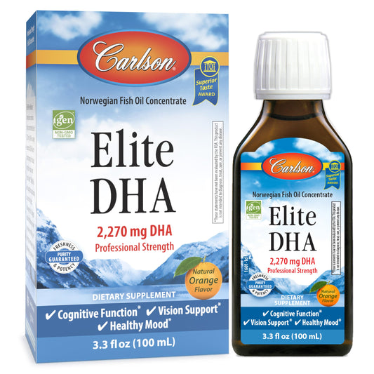 Carlson Elite DHA vista frontal mostrando botella y etiqueta, ofrece concentración profesional