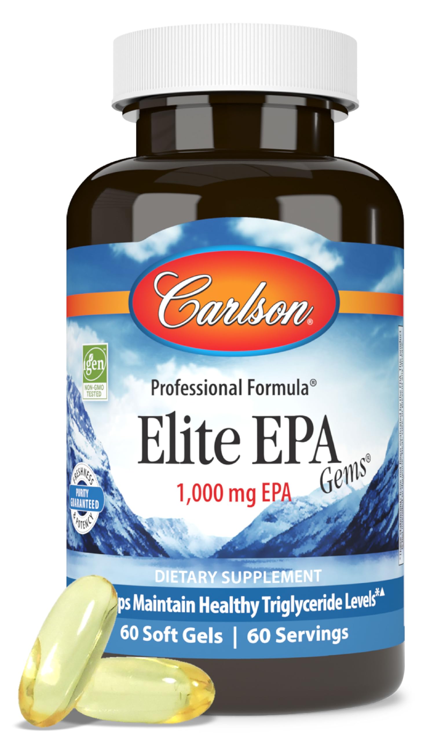 Carlson frasco frontal mostrando 60 cápsulas y beneficio de alta EPA