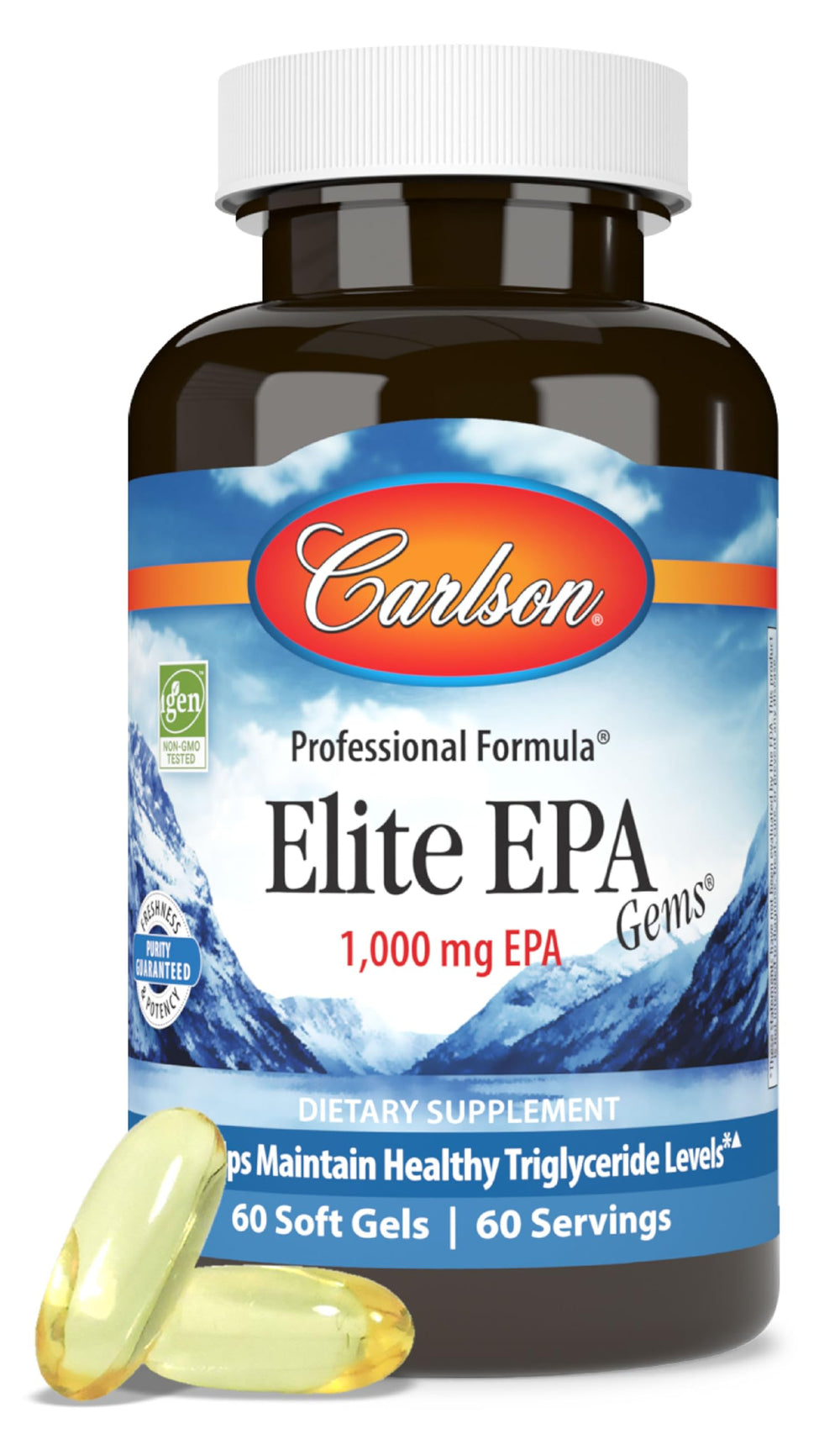 Carlson frasco frontal mostrando 60 cápsulas y beneficio de alta EPA