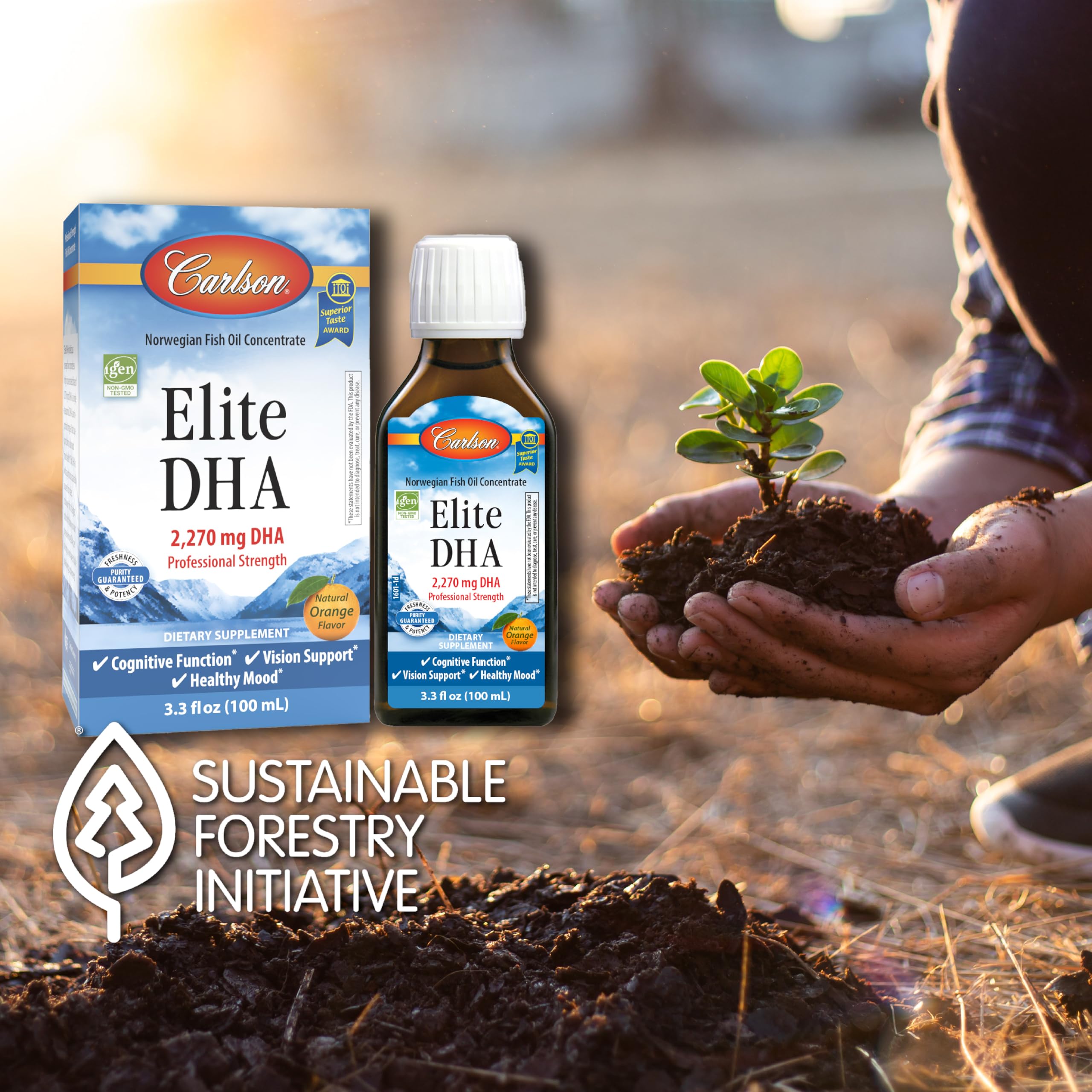 Cucharadita con Carlson Elite DHA lista para tomar, facilita dosificación precisa
