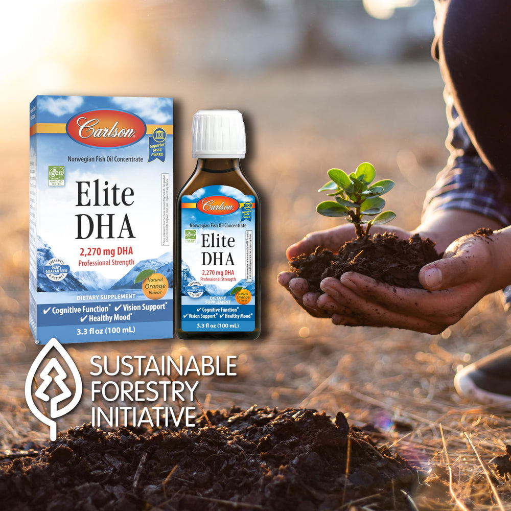 Cucharadita con Carlson Elite DHA lista para tomar, facilita dosificación precisa