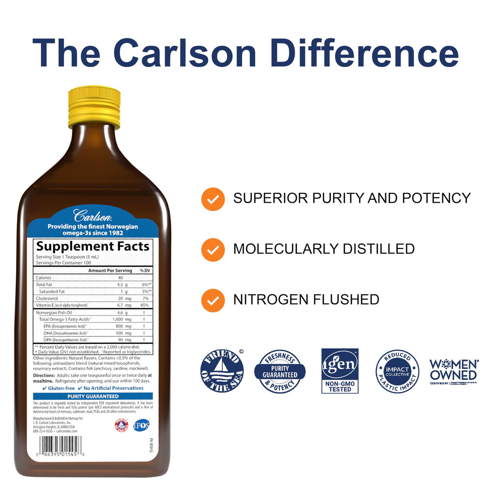 Carlson etiqueta con lista de ingredientes y certificaciones, claridad y transparencia