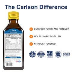 Carlson detalle de etiqueta con información de omega‑3 y beneficios visibles