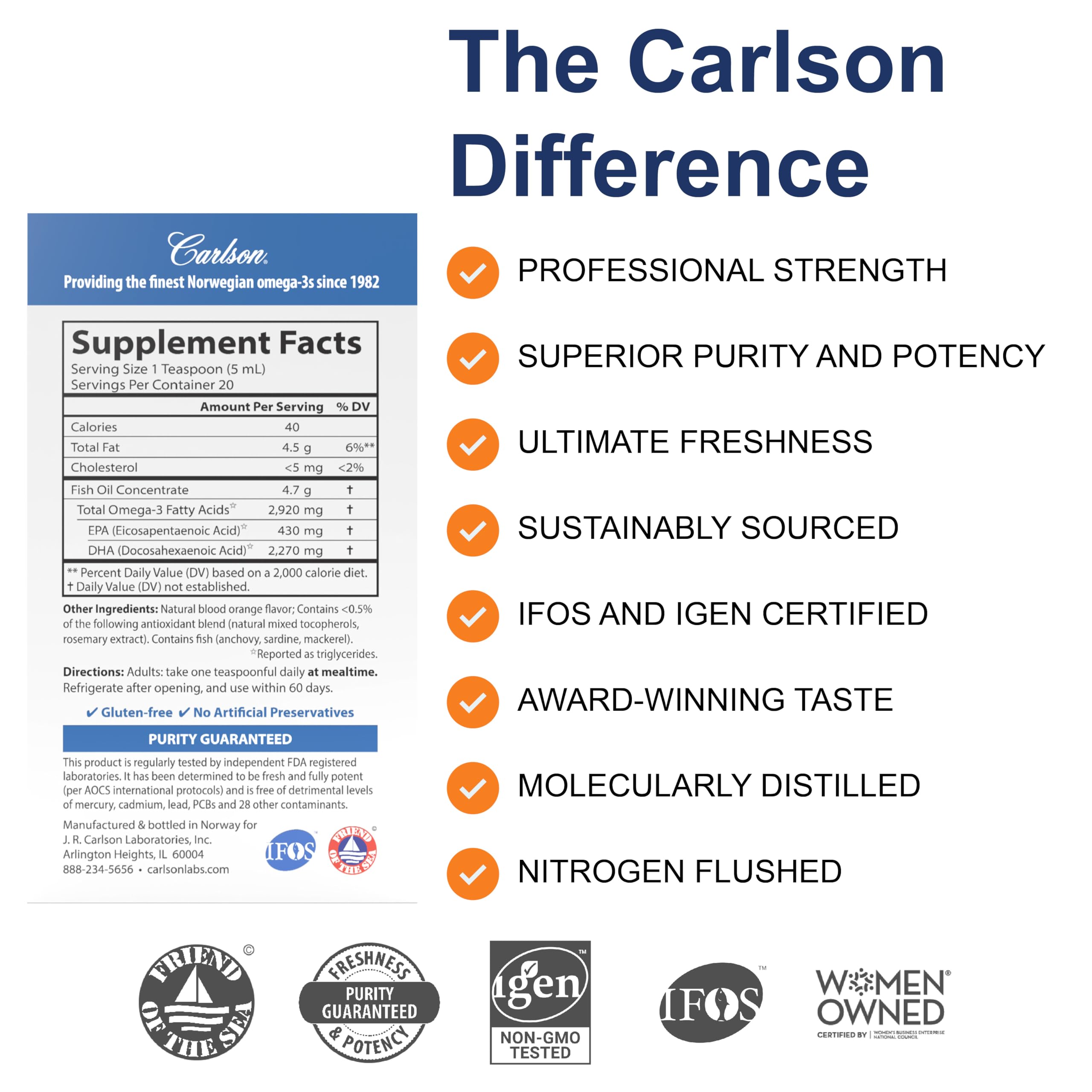 Etiqueta de Carlson Elite DHA en primer plano destacando origen y certificaciones