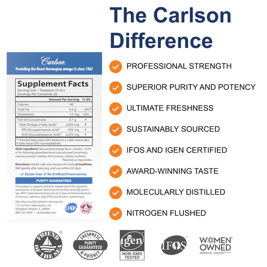 Etiqueta de Carlson Elite DHA en primer plano destacando origen y certificaciones