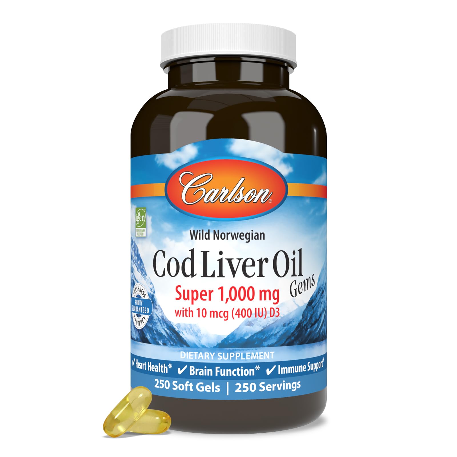 Carlson frasco frontal de Cod Liver Oil Gems mostrando el envase y la cantidad