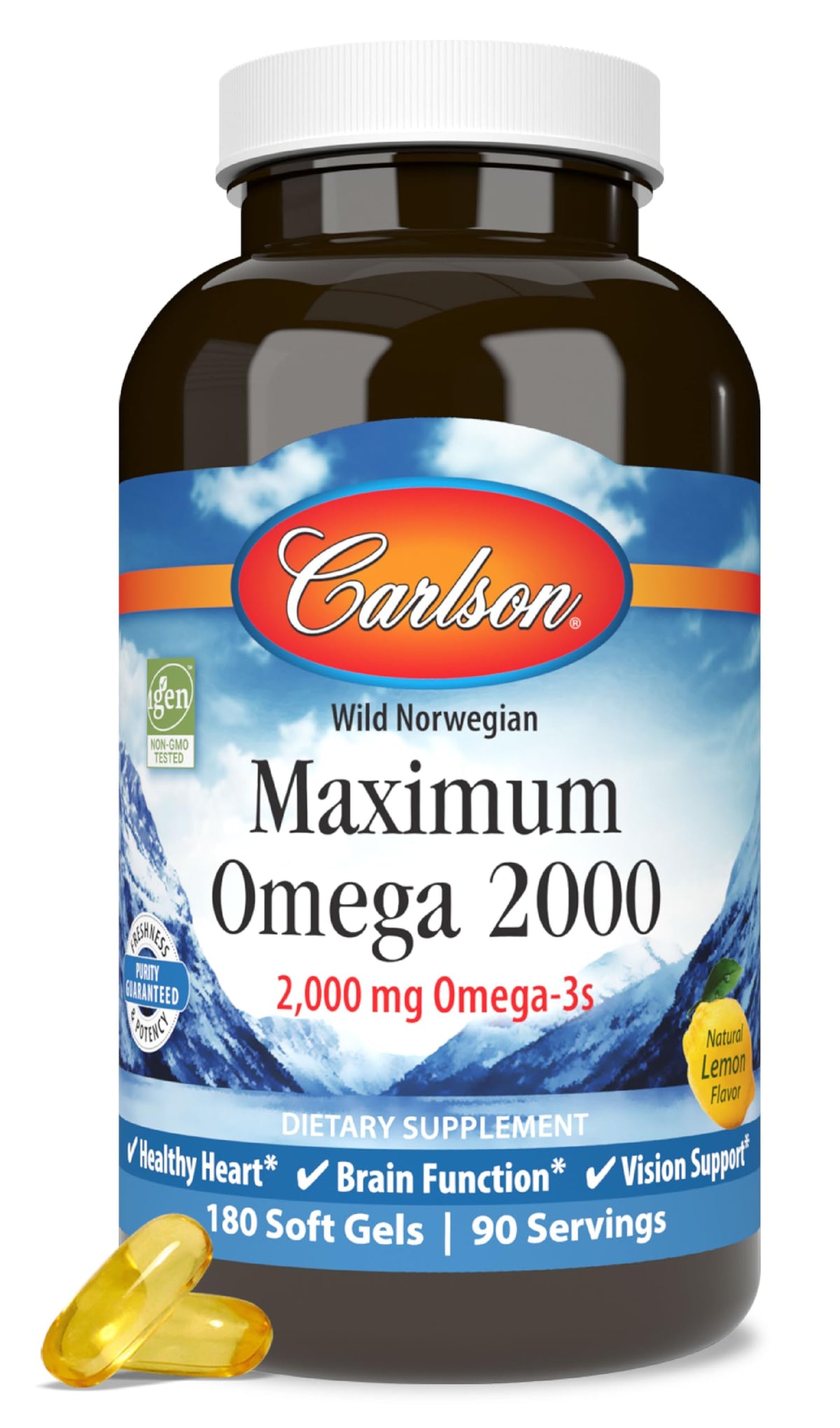 Carlson frasco frontal mostrando etiqueta y cantidad 180 softgels, clara identificación