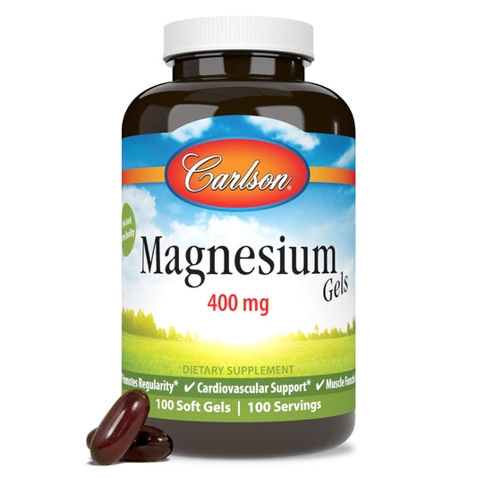 Carlson frasco delantero mostrando 100 cápsulas y 400 mg por dosis, ventaja de suministro prolongado