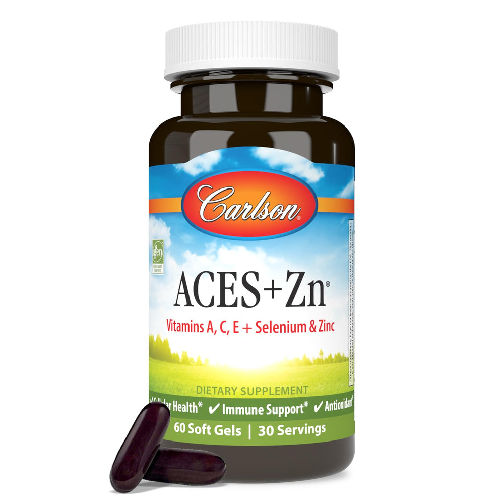 Carlson envase frontal ACES + Zn mostrando 60 softgels y beneficios visibles