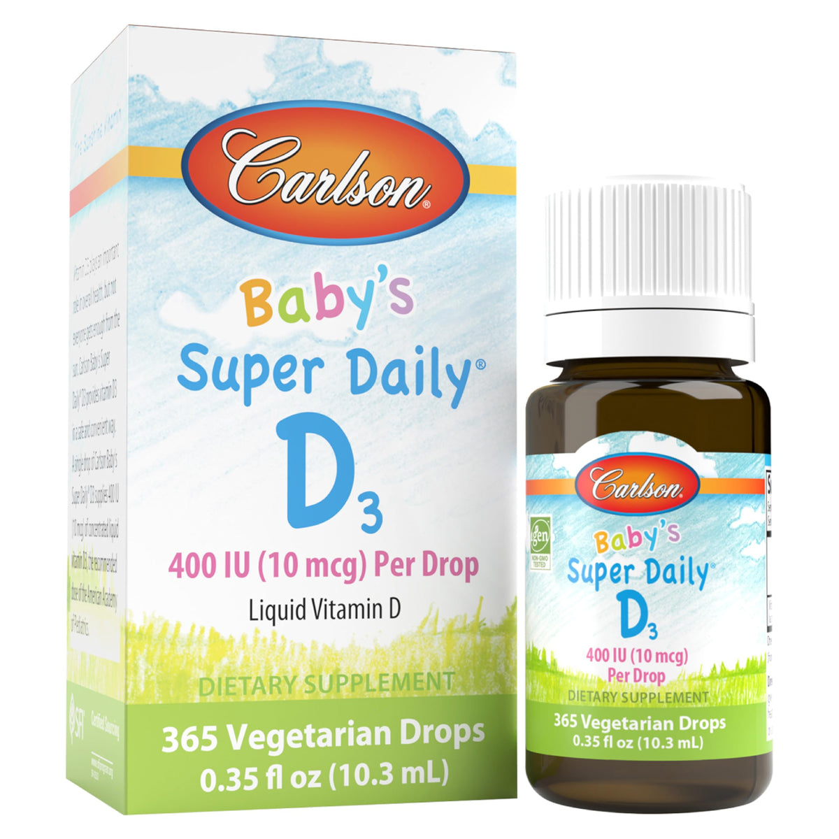 Carlson frontal del envase mostrando dosis clara y beneficios