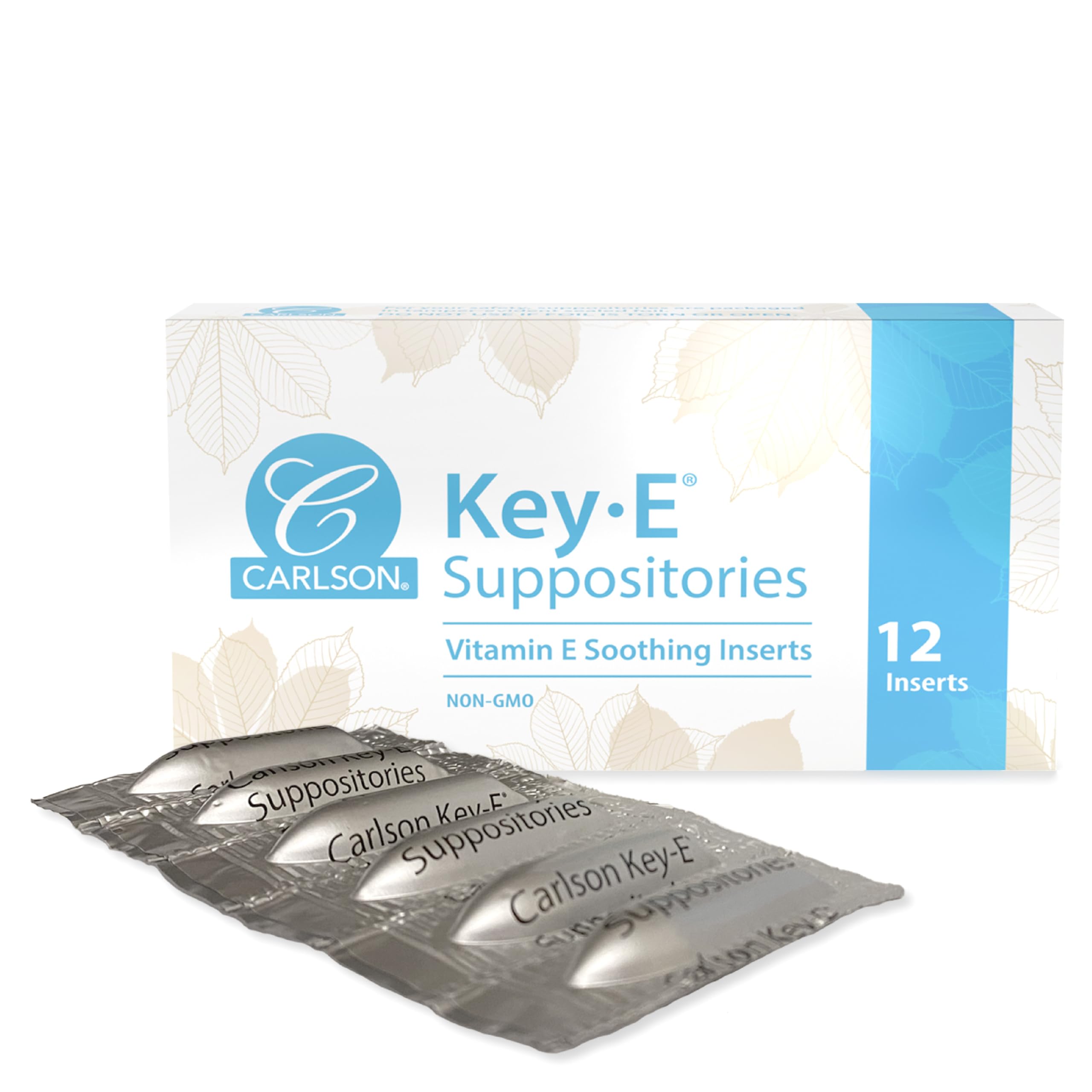 Carlson Key-E supositorios frontal mostrando caja y envase, fácil identificación