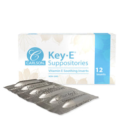 Carlson Key-E supositorios frontal mostrando caja y envase, fácil identificación