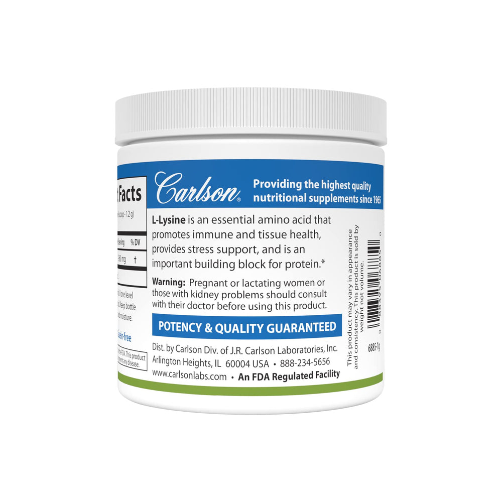 Cucharadita con 1/2 medida de Carlson L-Lysine indicando 960 mg por porción exacta