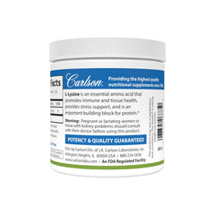 Cucharadita con 1/2 medida de Carlson L-Lysine indicando 960 mg por porción exacta