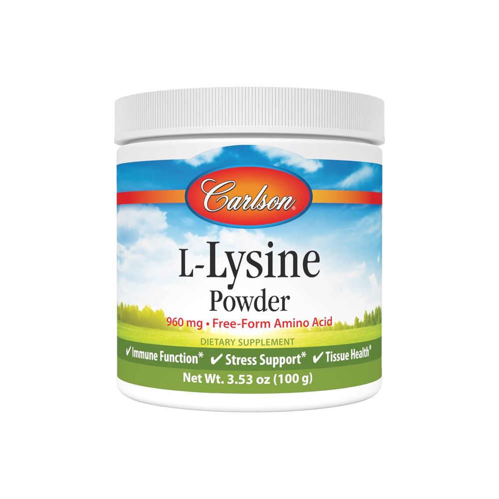 Carlson L-Lysine envase frontal mostrando la marca y tamaño 100 g, fácil identificación