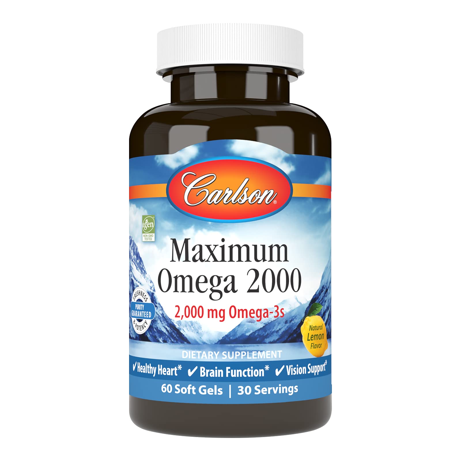 Frasco frontal de Carlson Maximum Omega 2000 mostrando 60 softgels y beneficio de alta concentración
