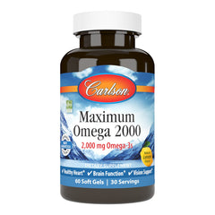 Frasco frontal de Carlson Maximum Omega 2000 mostrando 60 softgels y beneficio de alta concentración