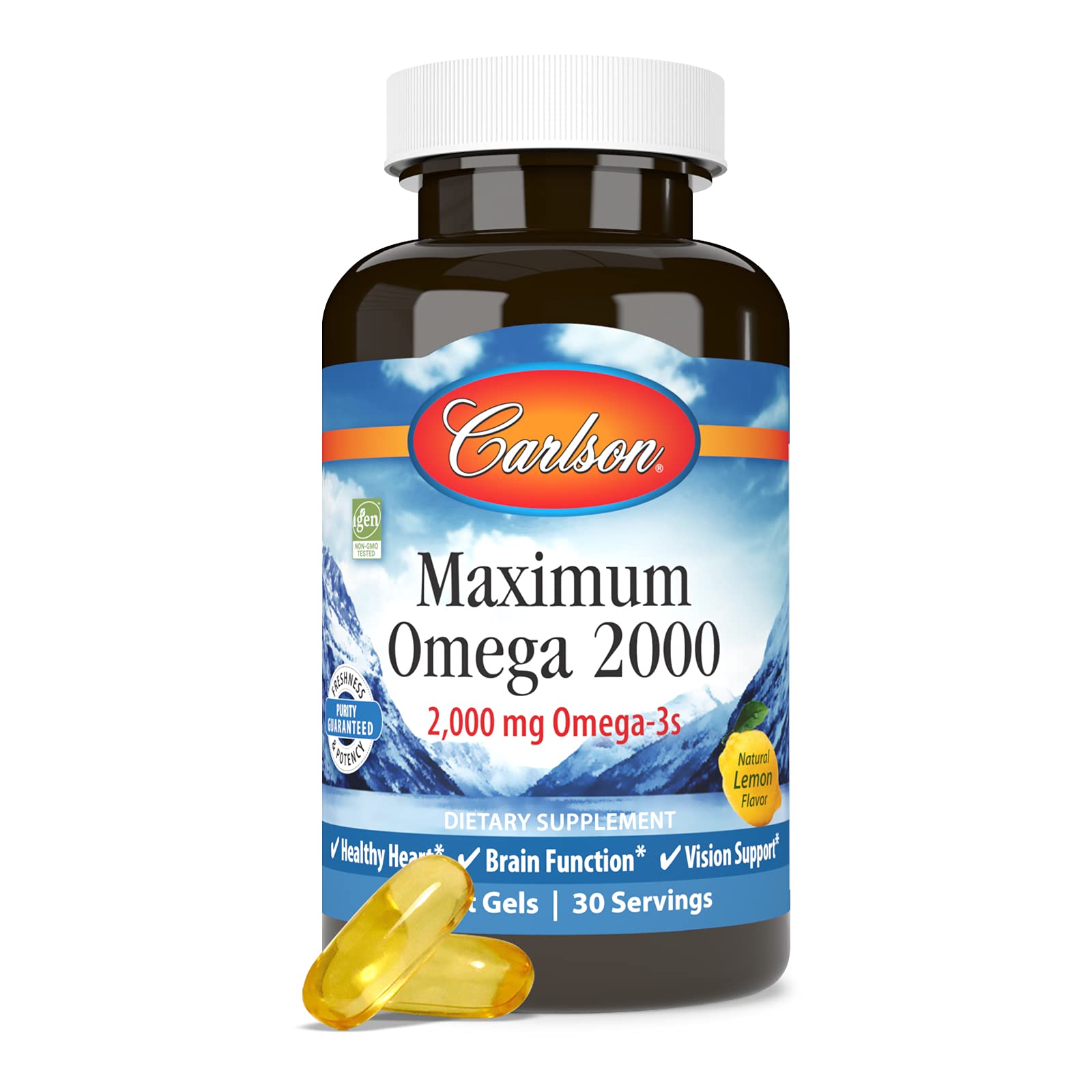 Etiqueta nutricional de Carlson con información de 2.000 mg por ración y transparencia