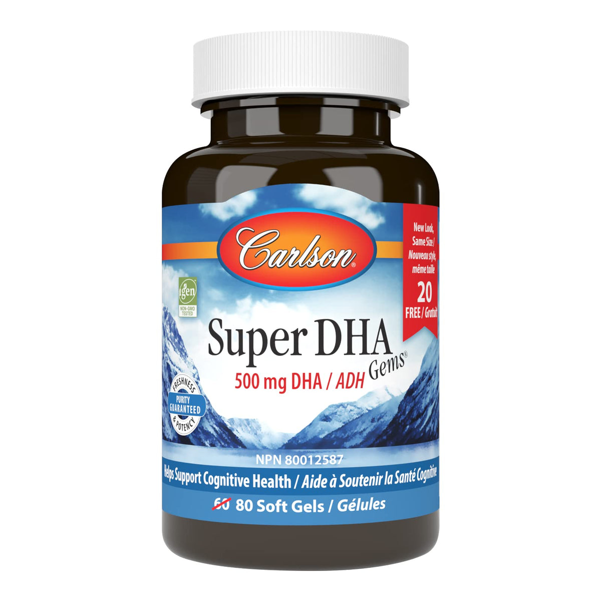 Carlson Super DHA Gems frontal del envase mostrando cantidad y certificaciones para confianza